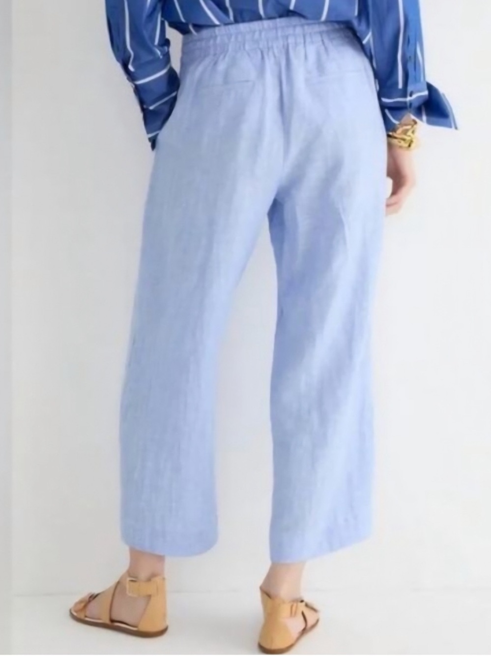 J. Crew Linen Wide Leg Cropped Pant Chambray Blue Women Large Pockets Drawstring - Picture 12 of 16